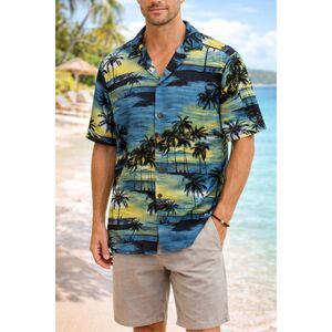 Vintage Hilo Hattie Hawaiian Shirt XL Blue Floral Cotton Aloha Made In USA 90s